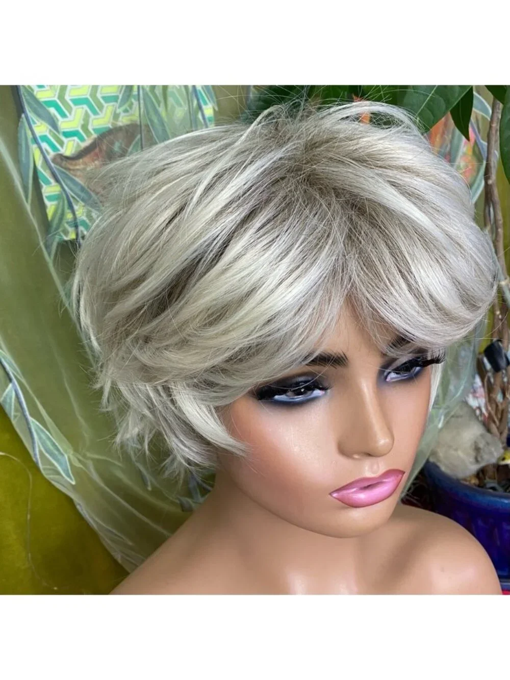 ash platinum blonde rooted shaggy pixie bob wig